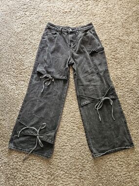 ROMWE Women's Black-Washed Wide Leg Tie Detail Baggy Jean Size Large 8/10